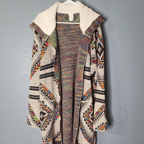SHERPA LINED HOODED SWEATER cardigan duster Boho western Aztec - Picture 4 of 4